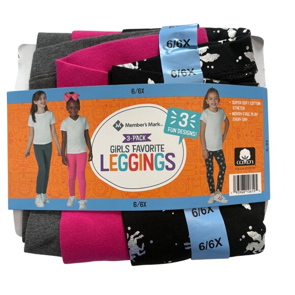 Members Mark Girls 3-Pack Leggings 6/6X Charcoal Grey Fuchsia Black UnicornPrint - Picture 1 of 6